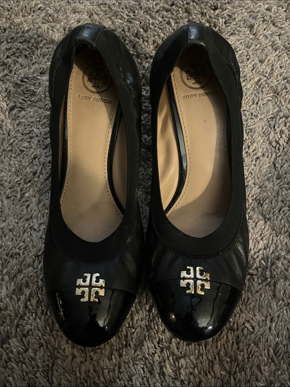 Tory Burch Black Patent Cap-Toe Logo Ballet Flats